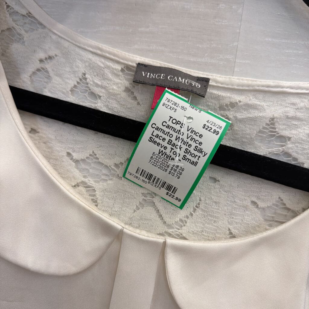 Vince Camuto White Silky Lace Back Short Sleeve Top Small
