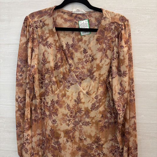 Lucky Brand Brown Mesh Print Long Sleeve Maxi Dress Large