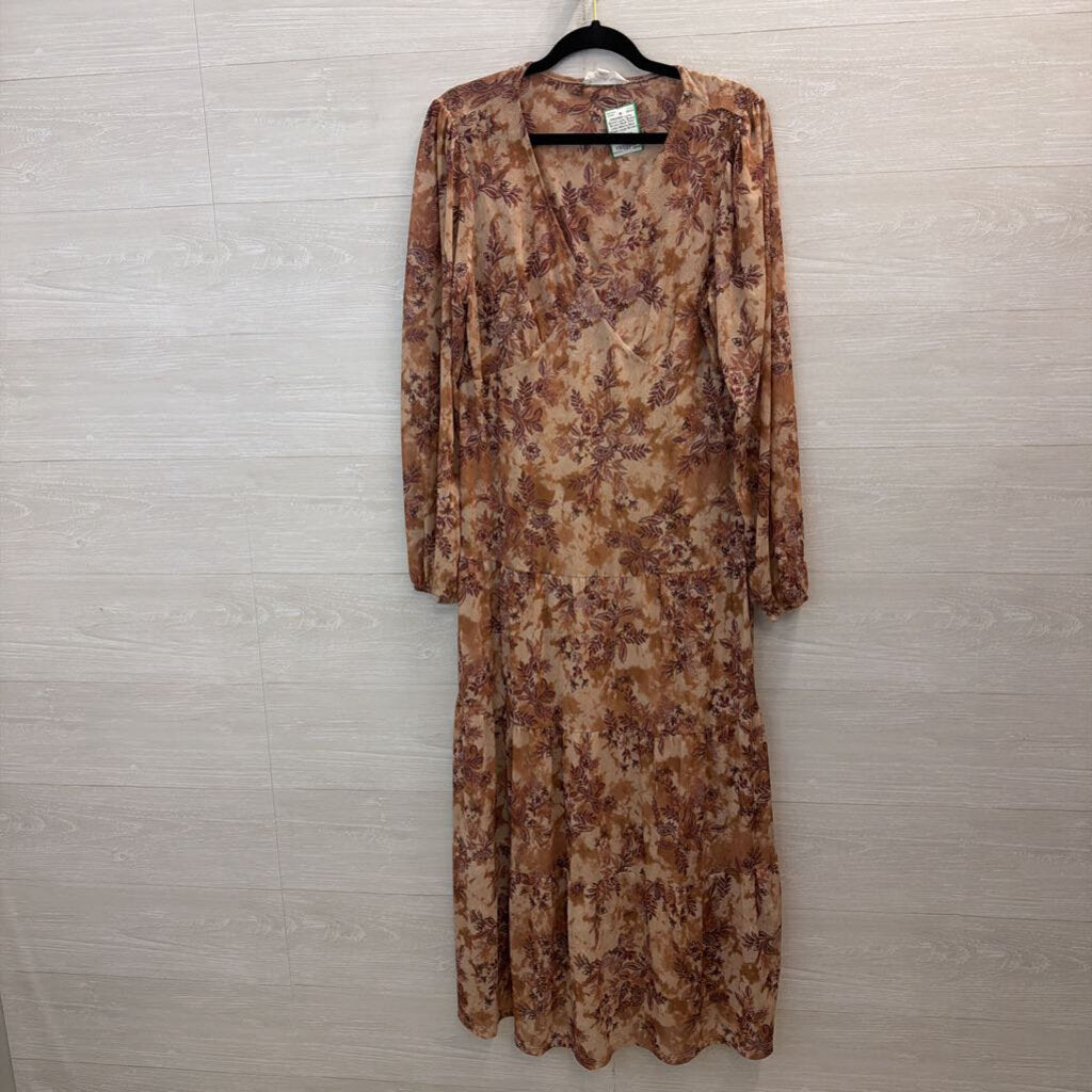 Lucky Brand Brown Mesh Print Long Sleeve Maxi Dress Large