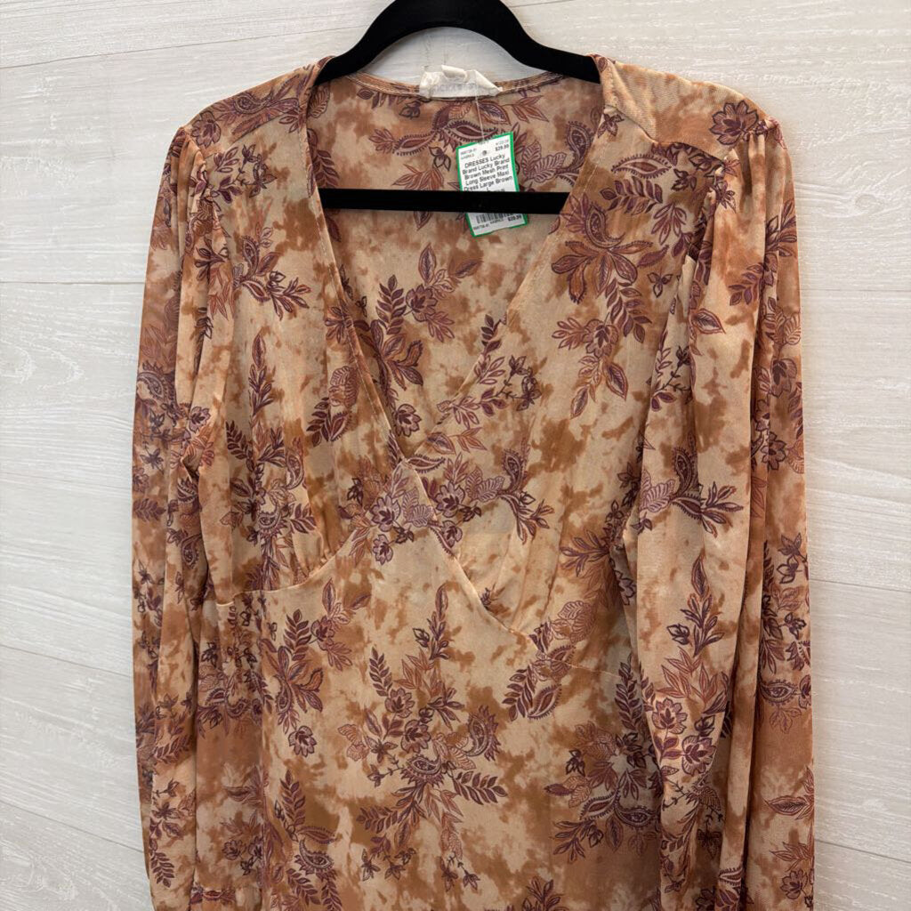 Lucky Brand Brown Mesh Print Long Sleeve Maxi Dress Large