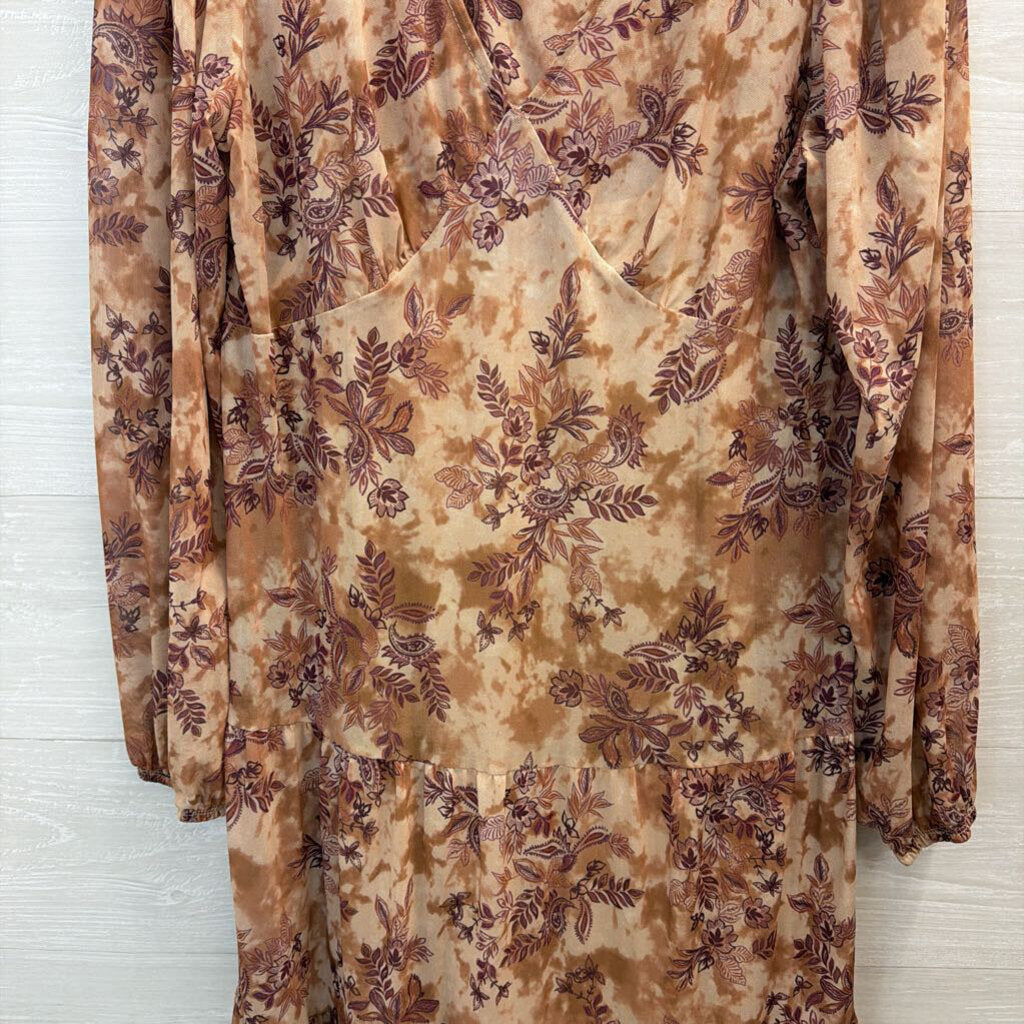 Lucky Brand Brown Mesh Print Long Sleeve Maxi Dress Large