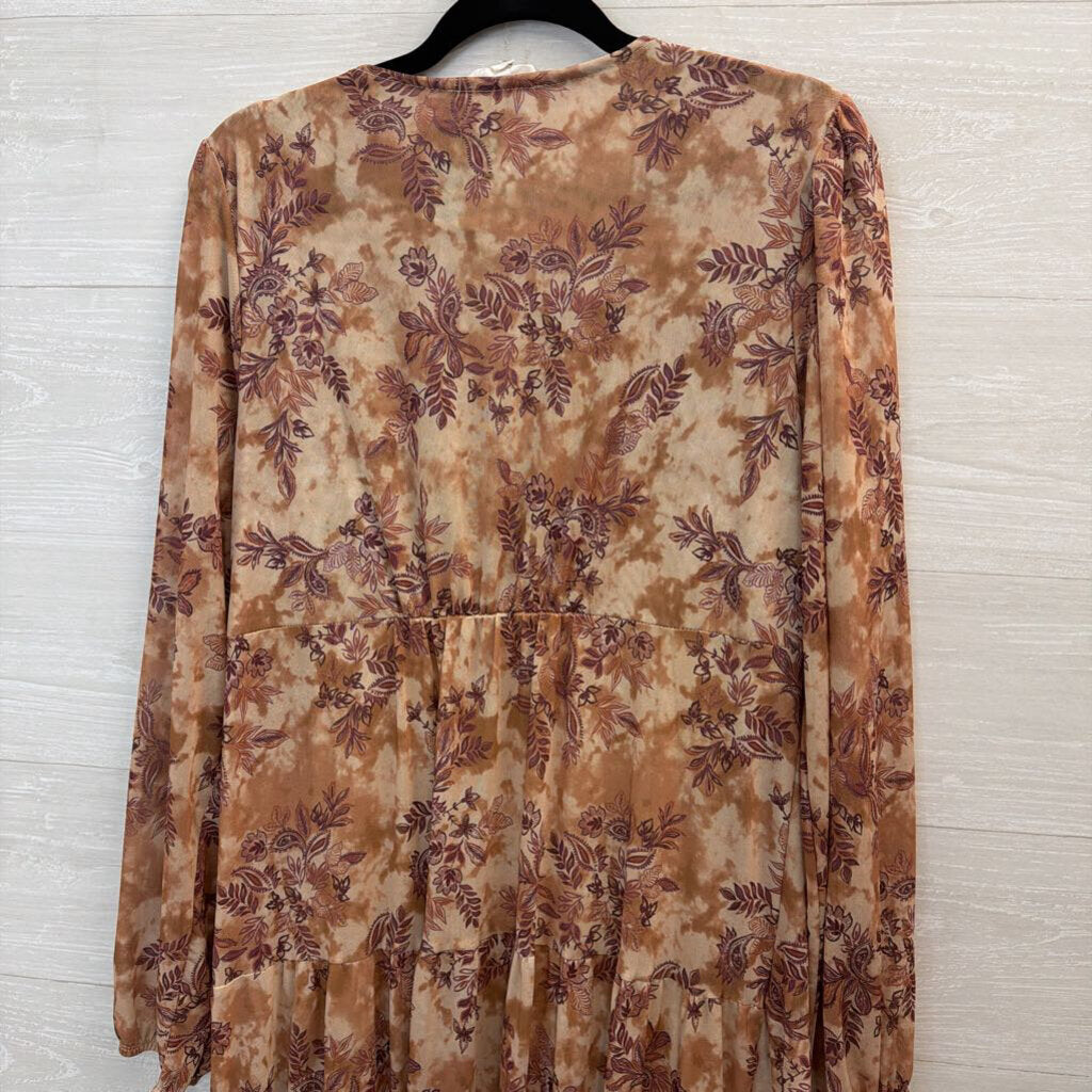 Lucky Brand Brown Mesh Print Long Sleeve Maxi Dress Large