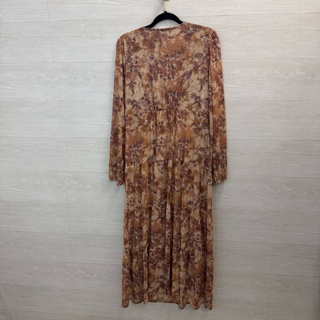 Lucky Brand Brown Mesh Print Long Sleeve Maxi Dress Large