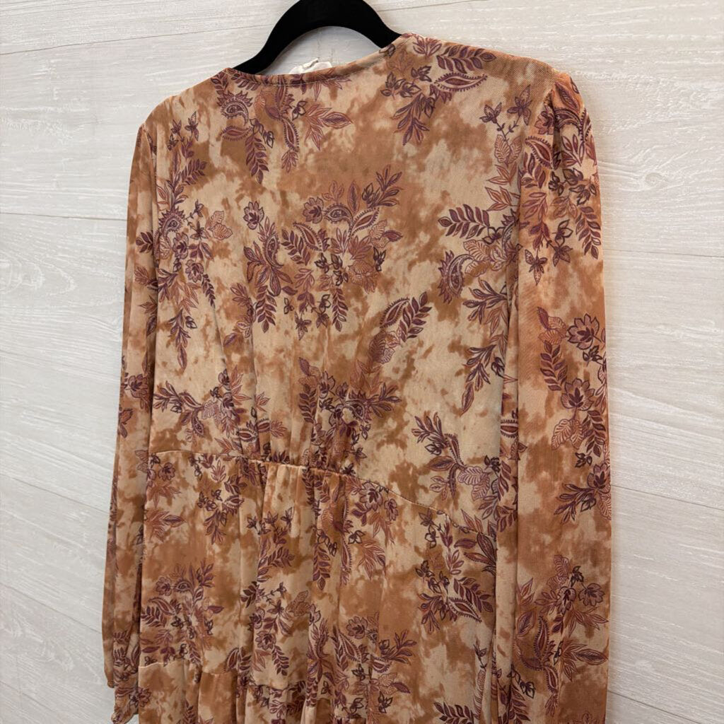 Lucky Brand Brown Mesh Print Long Sleeve Maxi Dress Large