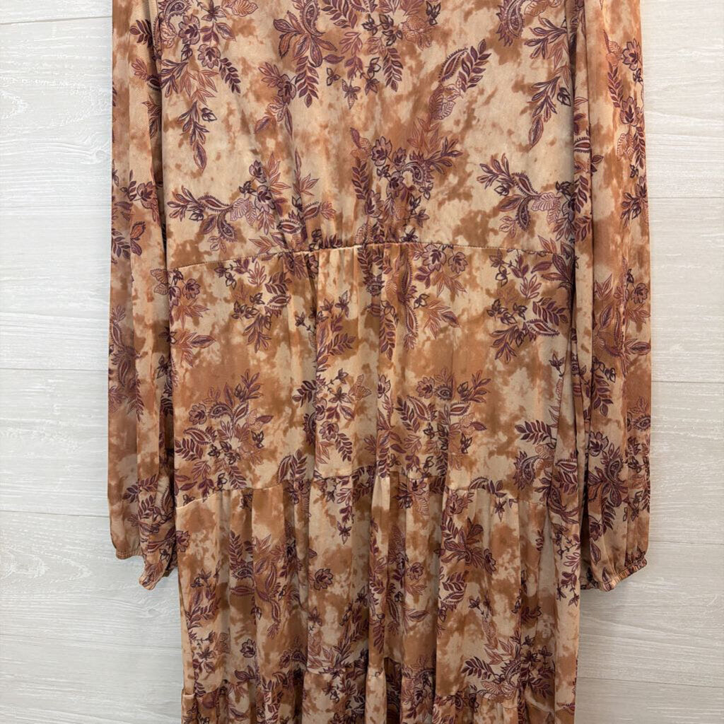 Lucky Brand Brown Mesh Print Long Sleeve Maxi Dress Large