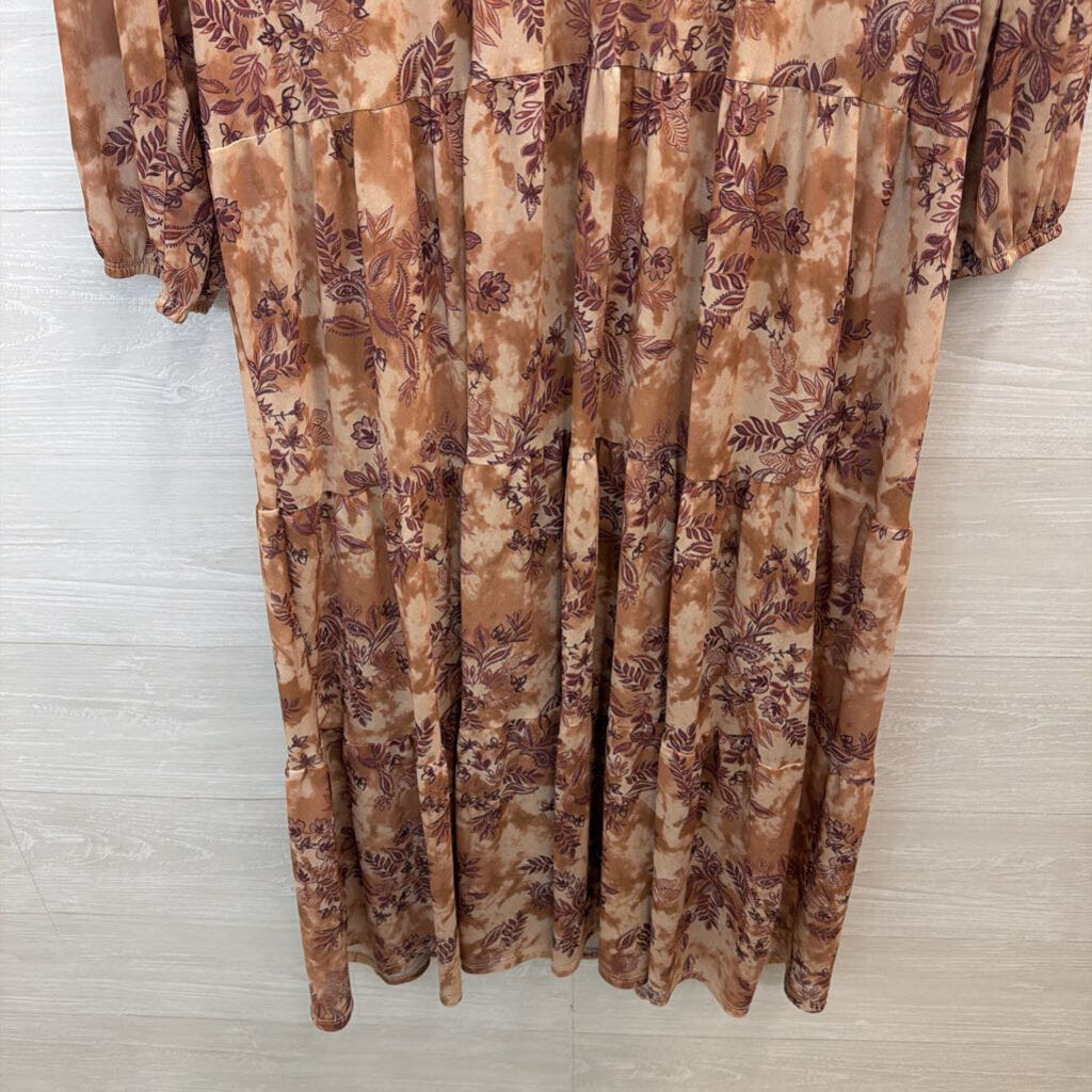 Lucky Brand Brown Mesh Print Long Sleeve Maxi Dress Large