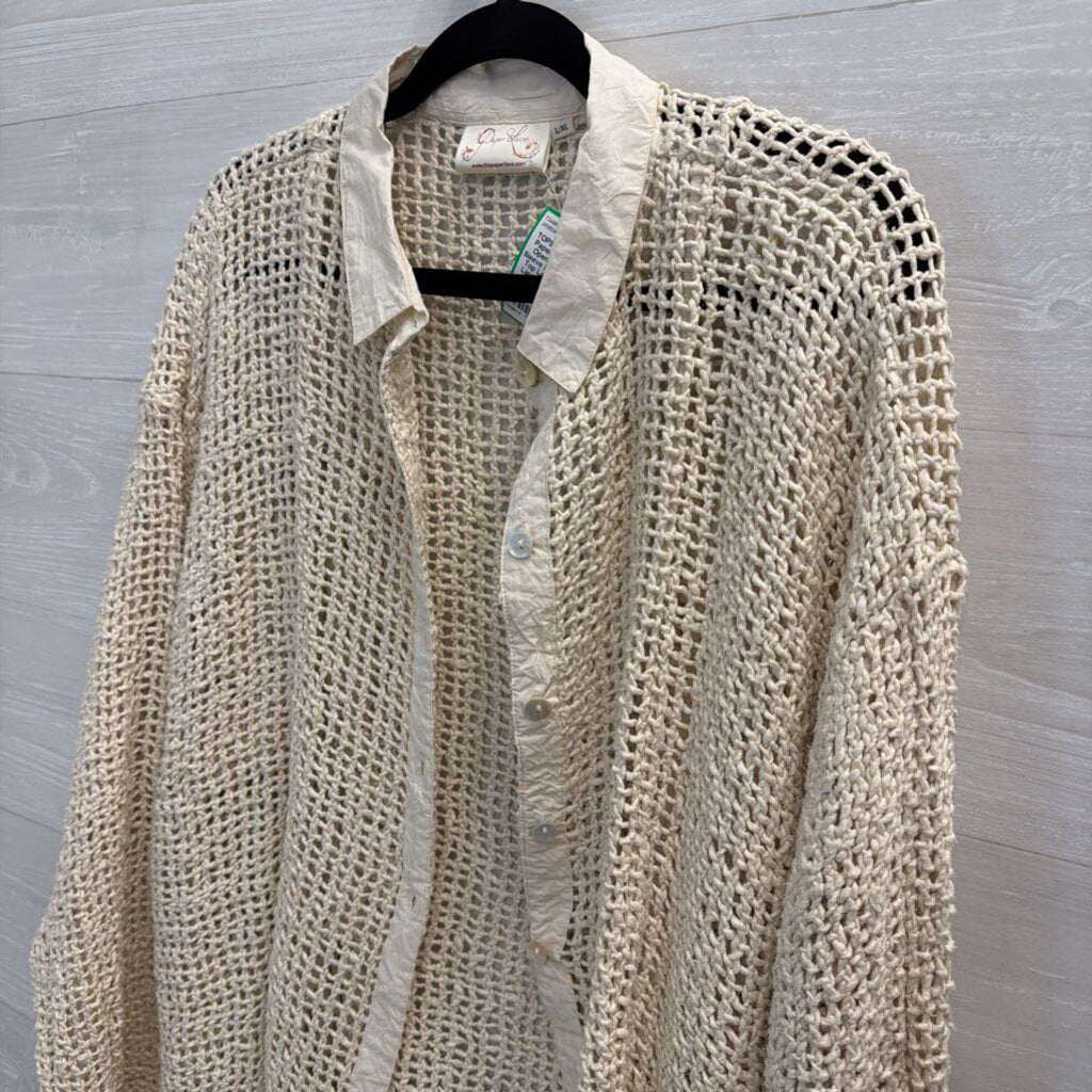 Paper lace Beige Open Knit Long Sleeve Button Front Top Large/ Extra Large