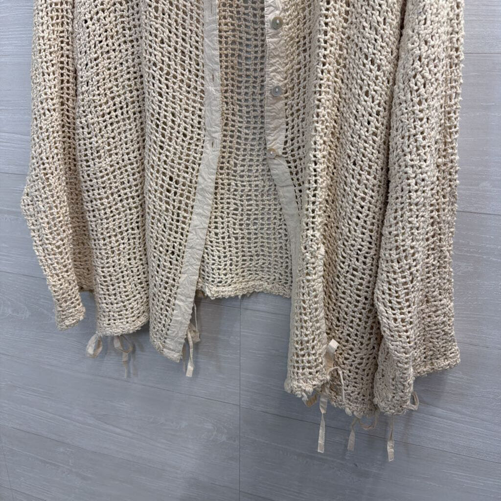 Paper lace Beige Open Knit Long Sleeve Button Front Top Large/ Extra Large