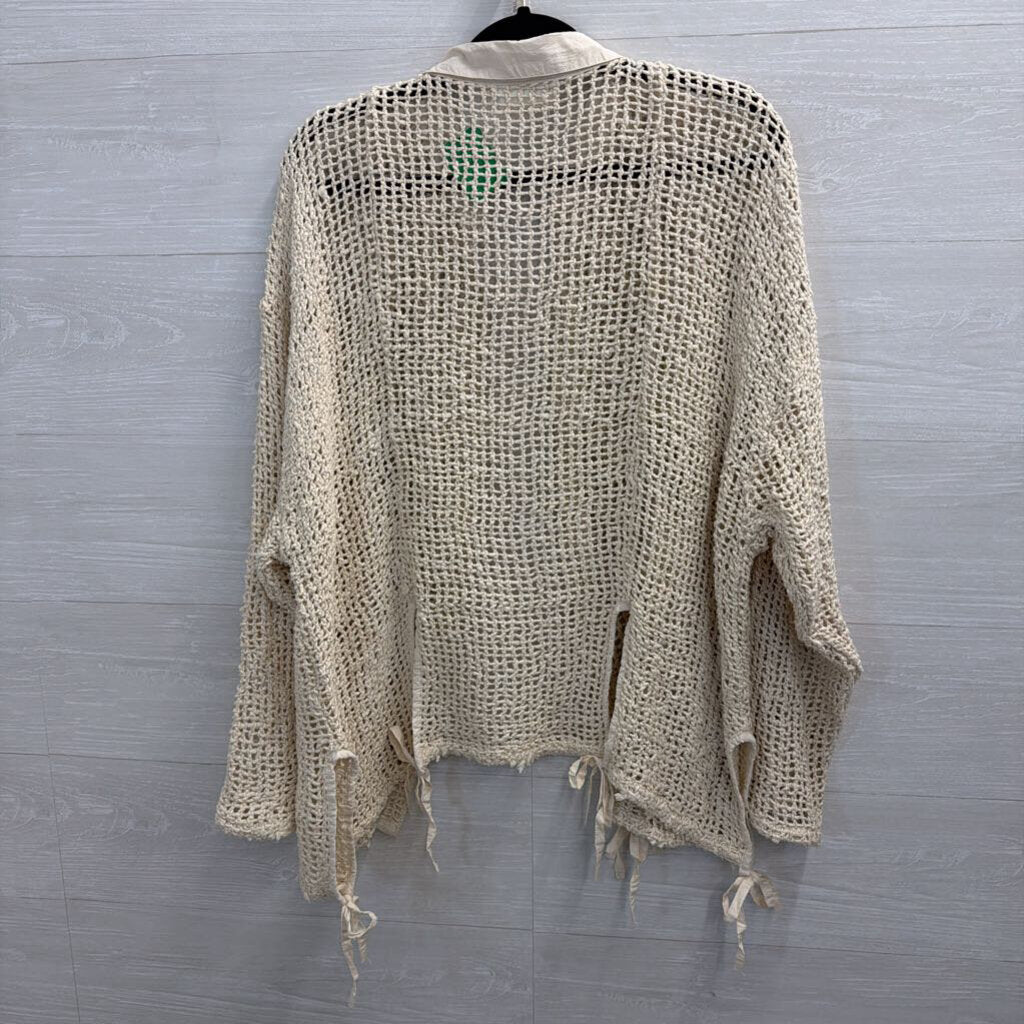 Paper lace Beige Open Knit Long Sleeve Button Front Top Large/ Extra Large