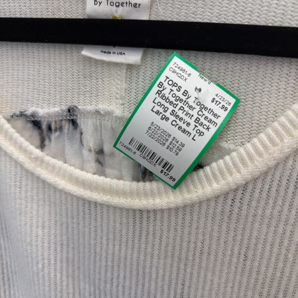 By Together Cream Ribbed Print Back Long Sleeve Top Large
