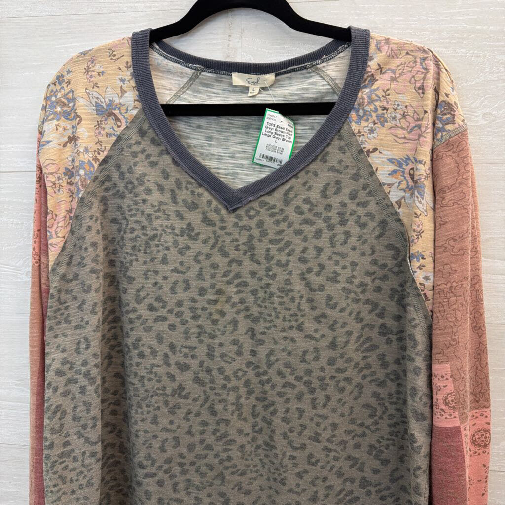 Easel Grey/ Brown Print Long Sleeve Top Large