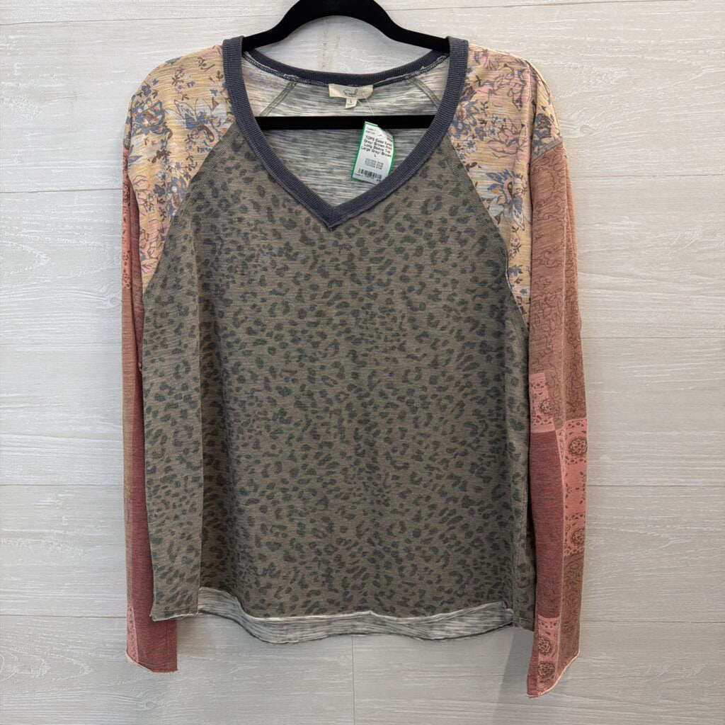 Easel Grey/ Brown Print Long Sleeve Top Large