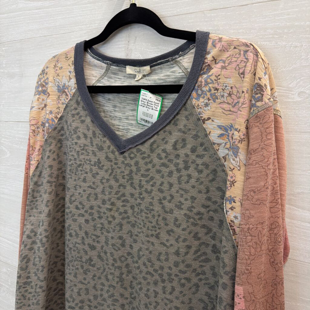 Easel Grey/ Brown Print Long Sleeve Top Large