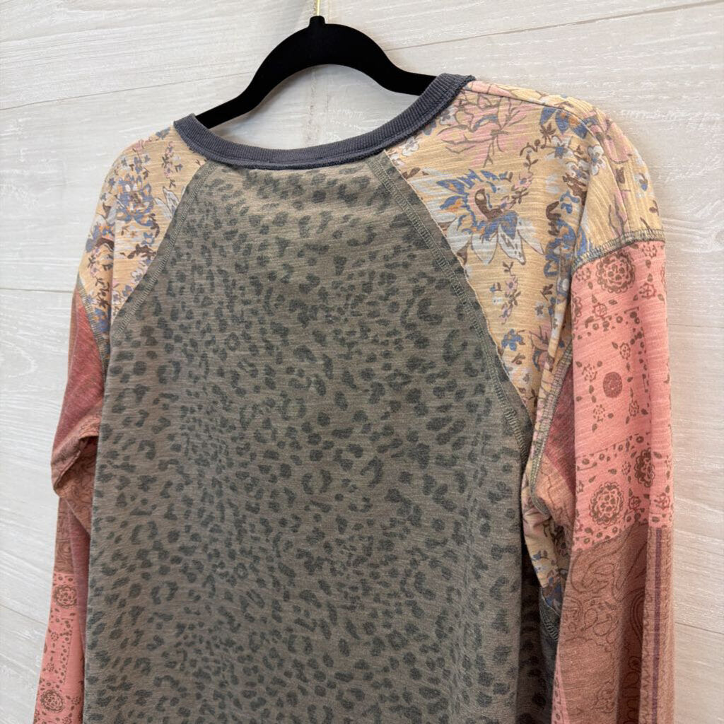 Easel Grey/ Brown Print Long Sleeve Top Large