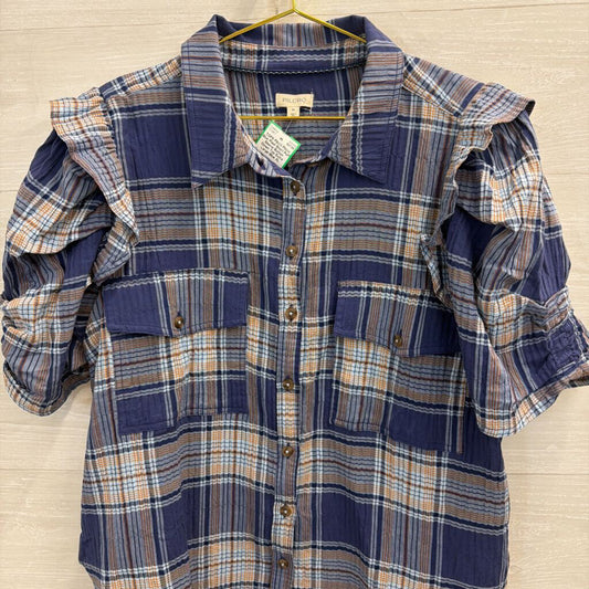 Pilcro Blue Plaid Short Puff Sleeve Button Down Top Extra Large