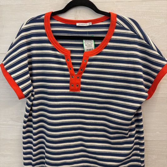 Staccato Blue/ White Striped Red Trim Short Sleeve Top Extra Large