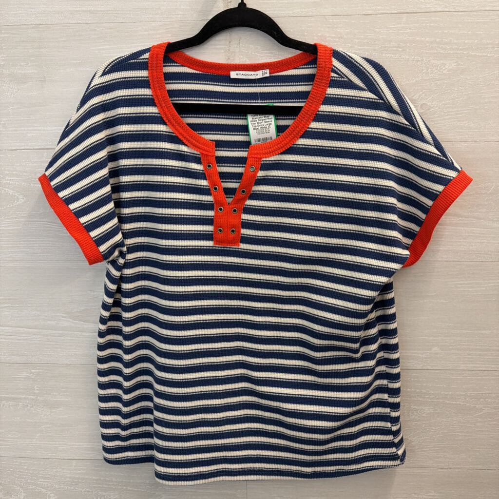 Staccato Blue/ White Striped Red Trim Short Sleeve Top Extra Large