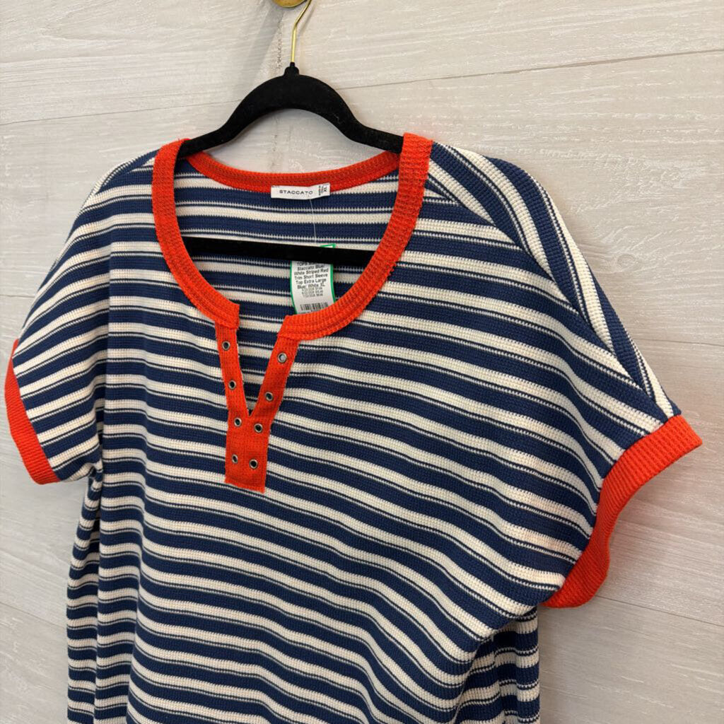 Staccato Blue/ White Striped Red Trim Short Sleeve Top Extra Large
