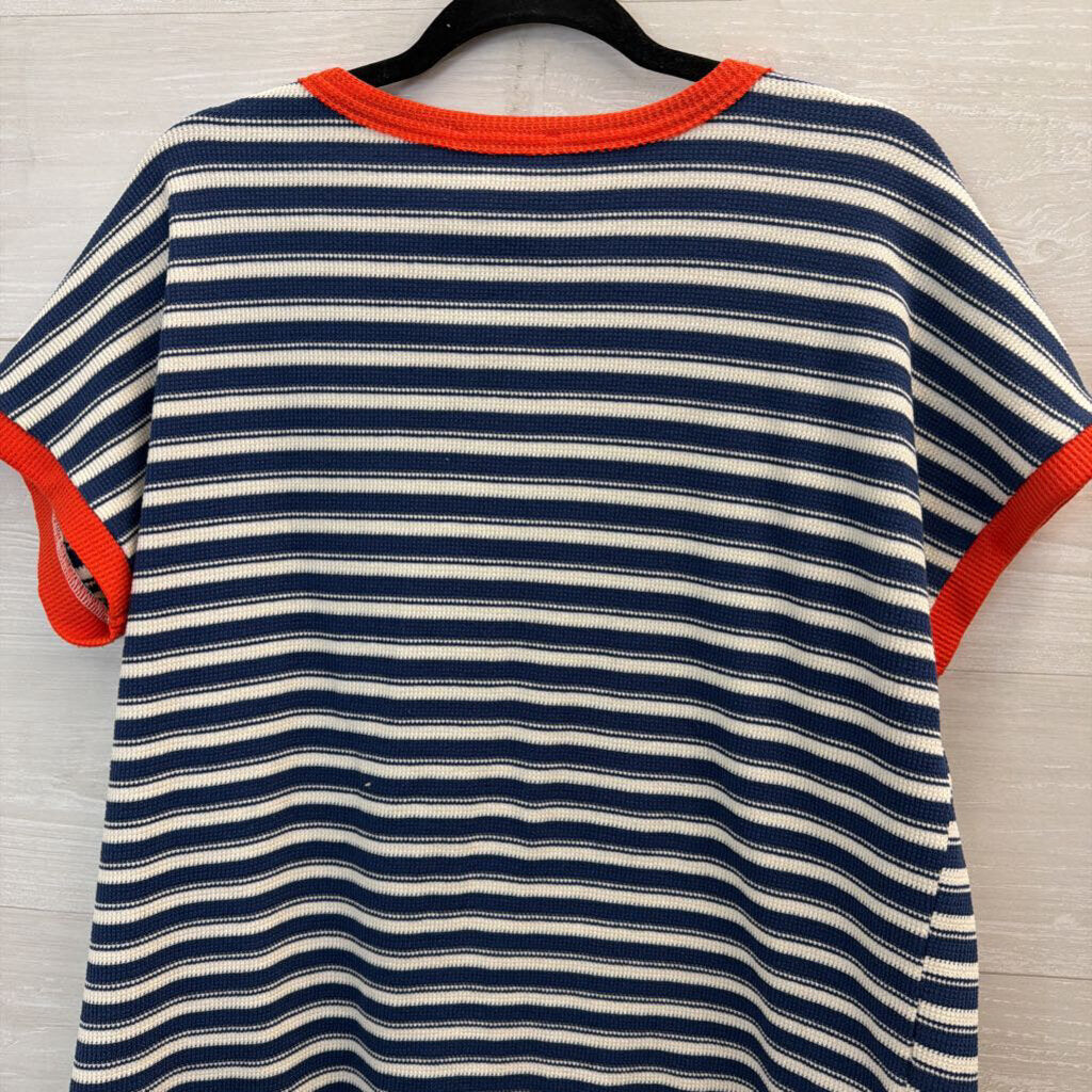 Staccato Blue/ White Striped Red Trim Short Sleeve Top Extra Large