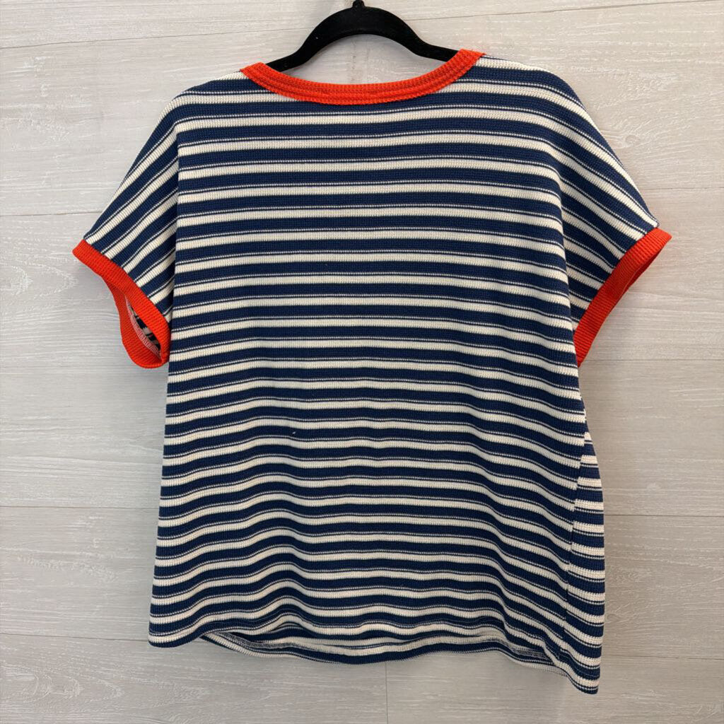 Staccato Blue/ White Striped Red Trim Short Sleeve Top Extra Large