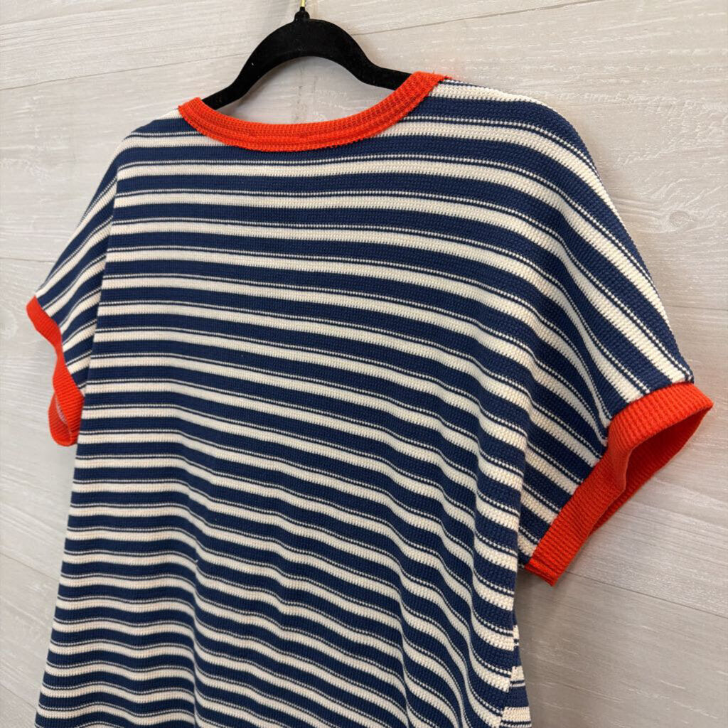 Staccato Blue/ White Striped Red Trim Short Sleeve Top Extra Large
