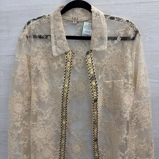 POL Cream Embroidered Print Sheer Long Sleeve Top Large