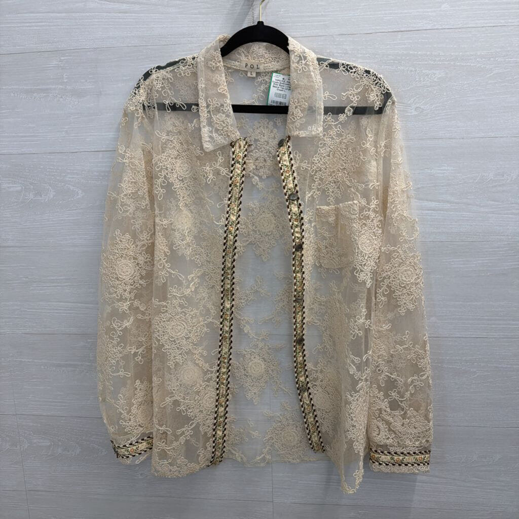 POL Cream Embroidered Print Sheer Long Sleeve Top Large