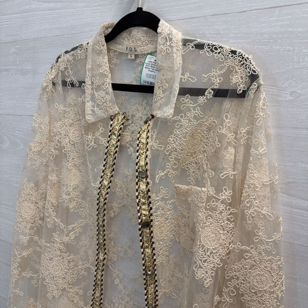 POL Cream Embroidered Print Sheer Long Sleeve Top Large