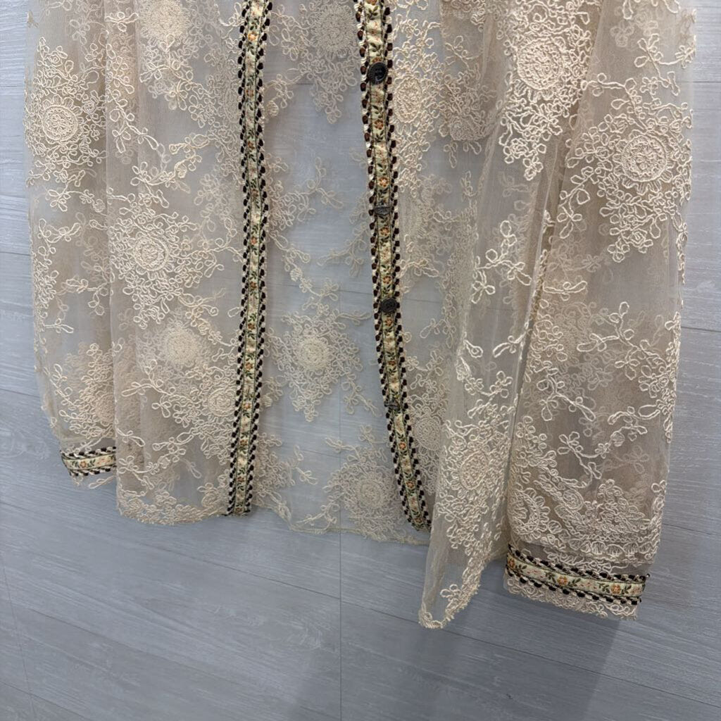 POL Cream Embroidered Print Sheer Long Sleeve Top Large
