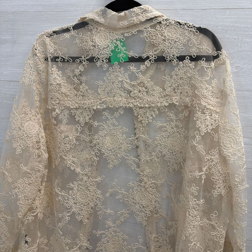 POL Cream Embroidered Print Sheer Long Sleeve Top Large