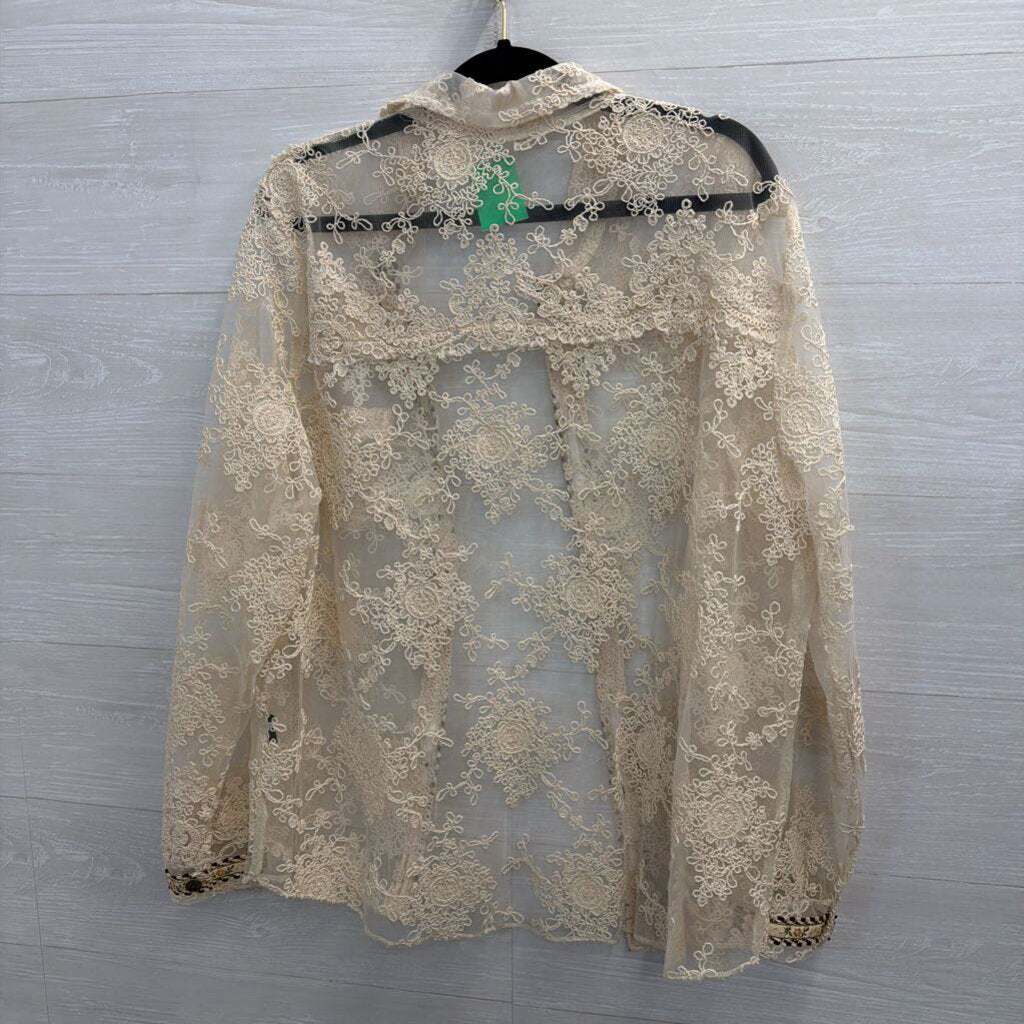 POL Cream Embroidered Print Sheer Long Sleeve Top Large
