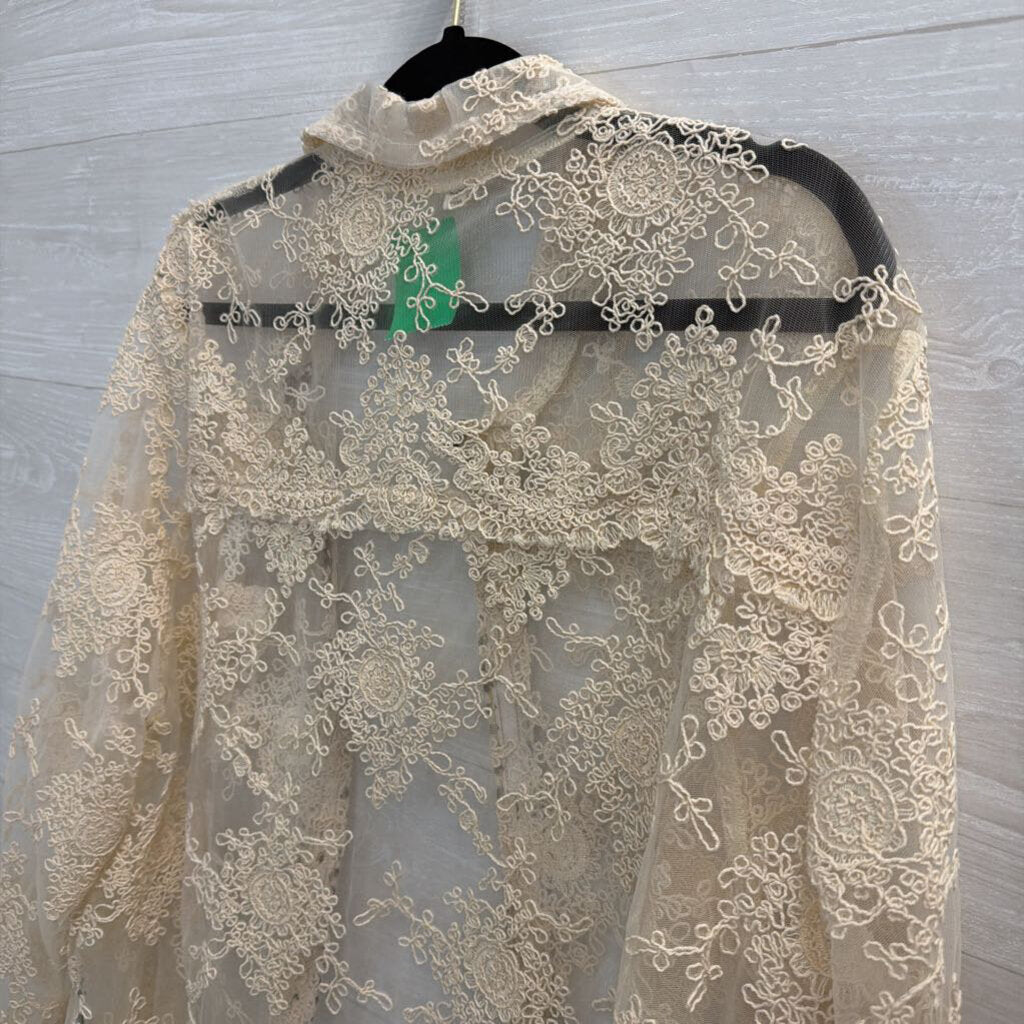 POL Cream Embroidered Print Sheer Long Sleeve Top Large