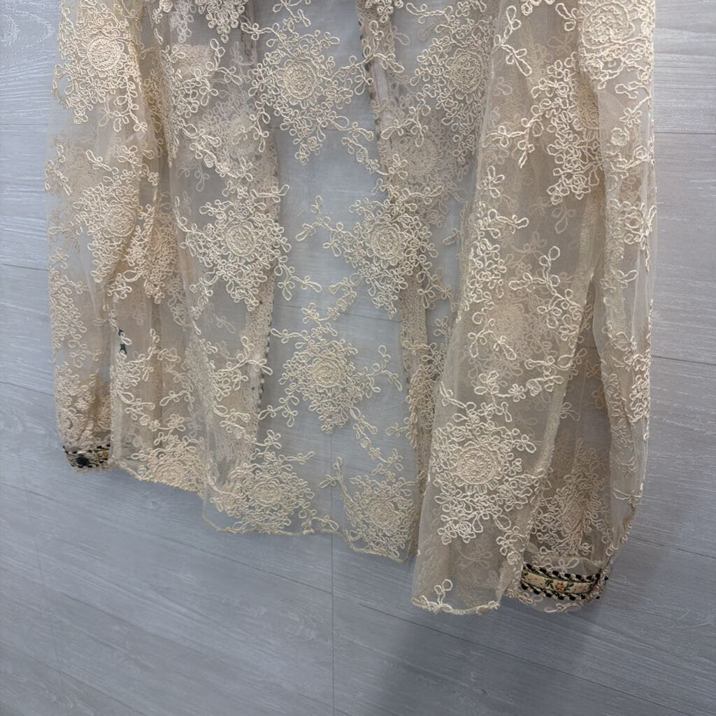 POL Cream Embroidered Print Sheer Long Sleeve Top Large