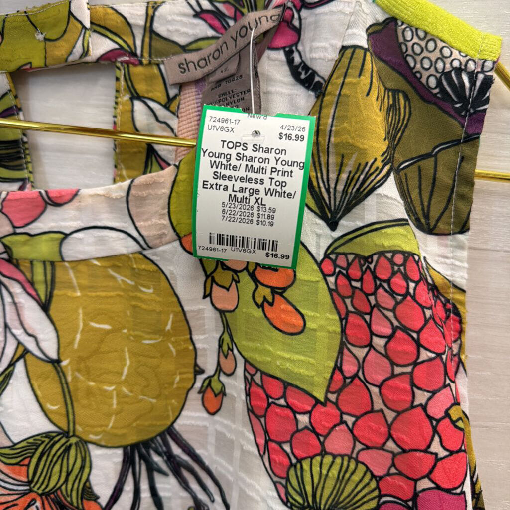 Sharon Young White/ Multi Print Sleeveless Top Extra Large