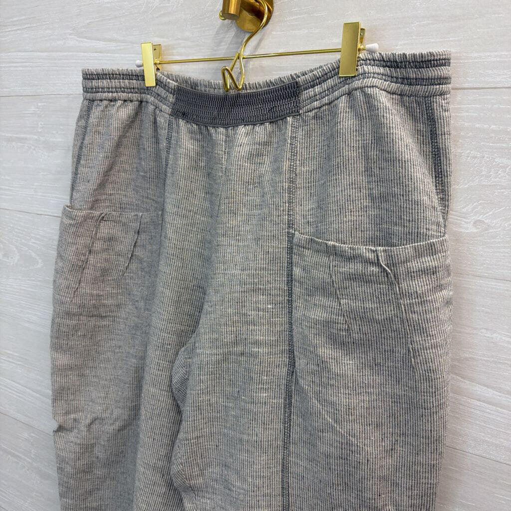 Yuvita Grey/ White 100% Linen Striped Pull On Pants Extra Large