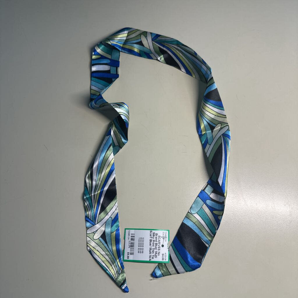 Blue/ Multi Silky Print Thin Tie Scarf
