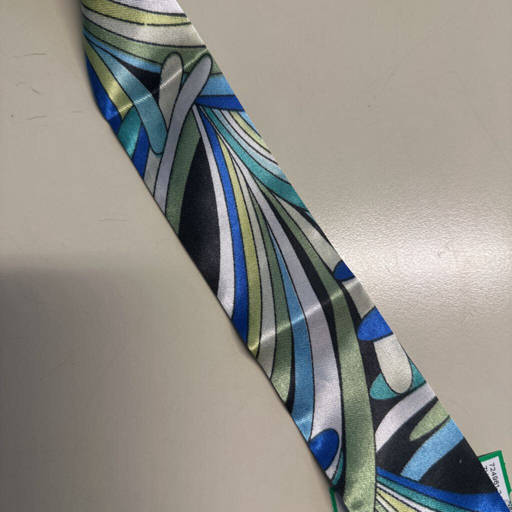 Blue/ Multi Silky Print Thin Tie Scarf