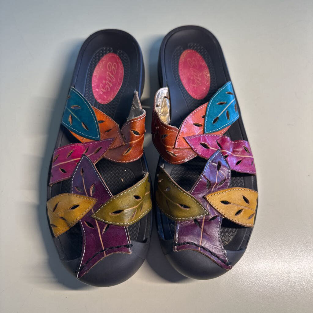 Elite by Corkys Black/ Multi Leaf Pattern Slip On Mule Flats 10