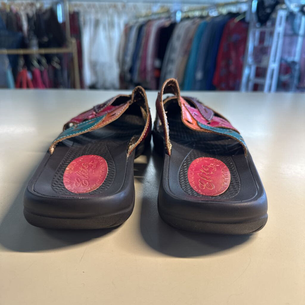 Elite by Corkys Black/ Multi Leaf Pattern Slip On Mule Flats 10