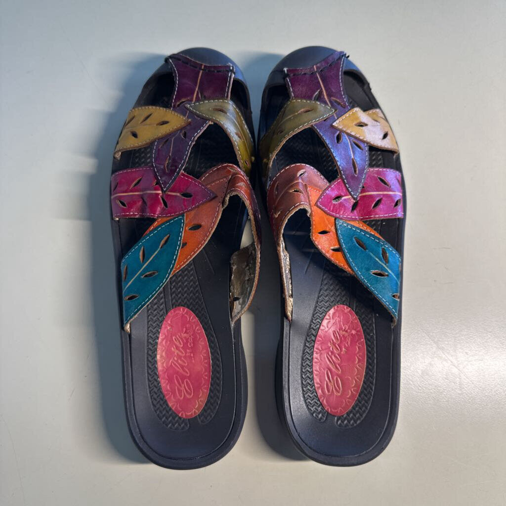 Elite by Corkys Black/ Multi Leaf Pattern Slip On Mule Flats 10