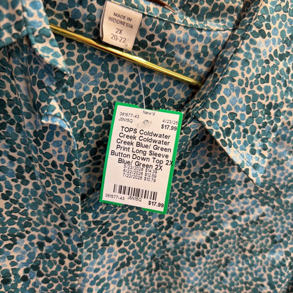 Coldwater Creek Blue/ Green Print Long Sleeve Button Down Top 2X