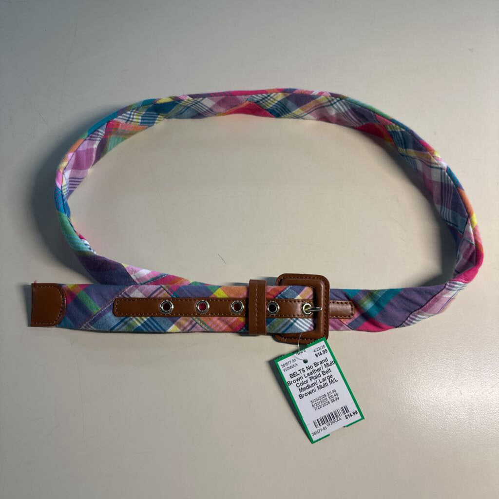 Brown Leather/ Multi Color Plaid Belt Medium/ Large