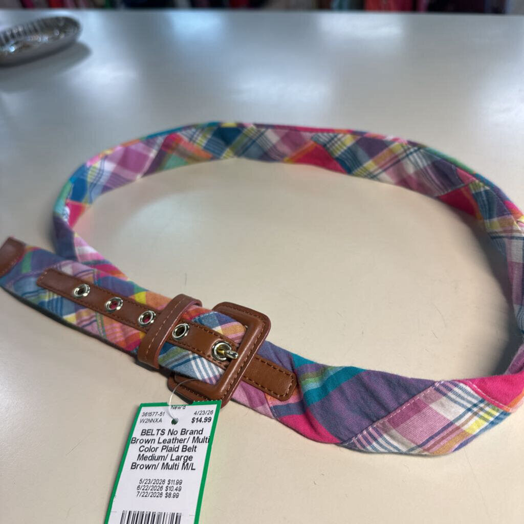 Brown Leather/ Multi Color Plaid Belt Medium/ Large