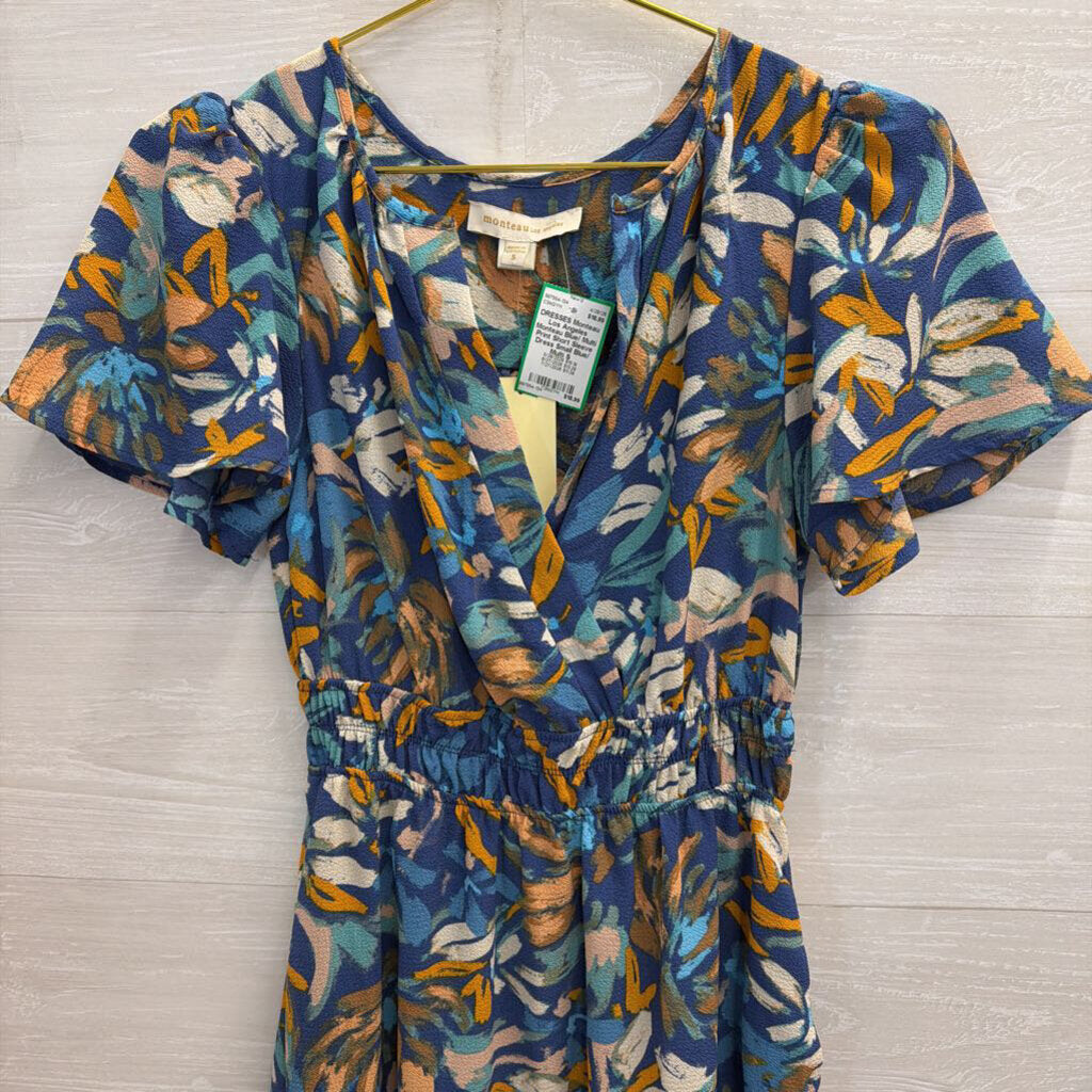 Monteau Blue/ Multi Print Short Sleeve Dress Small