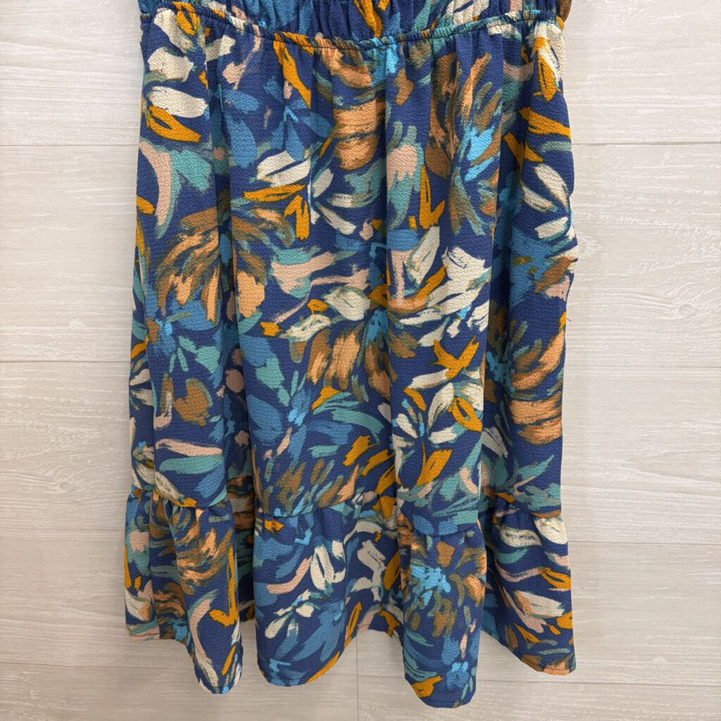 Monteau Blue/ Multi Print Short Sleeve Dress Small
