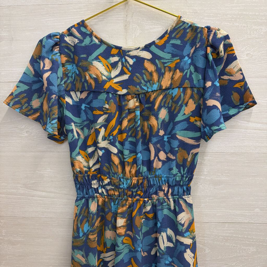 Monteau Blue/ Multi Print Short Sleeve Dress Small
