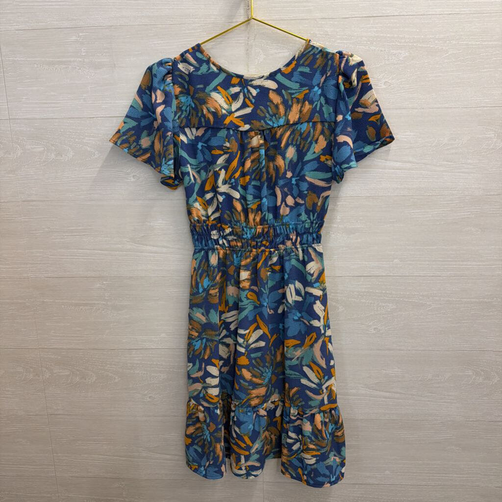 Monteau Blue/ Multi Print Short Sleeve Dress Small
