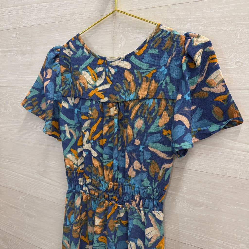 Monteau Blue/ Multi Print Short Sleeve Dress Small