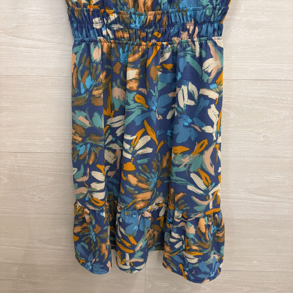 Monteau Blue/ Multi Print Short Sleeve Dress Small