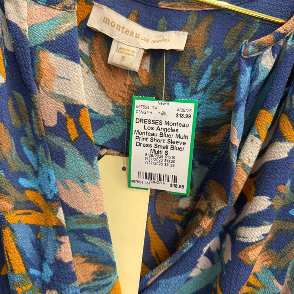 Monteau Blue/ Multi Print Short Sleeve Dress Small